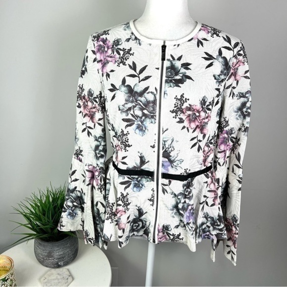 Bagatelle Womens Perforated Vegan Leather Peplum Jacket Floral Print Medium - Picture 3 of 13